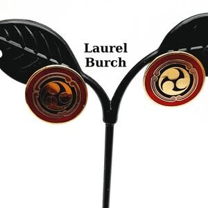 Vintage Laurel Burch Red Black Enamel Asian Symbol Post Earrings LB